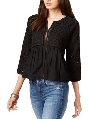 Lucky Brand Black Crochet Trim Embroidered Jacket
